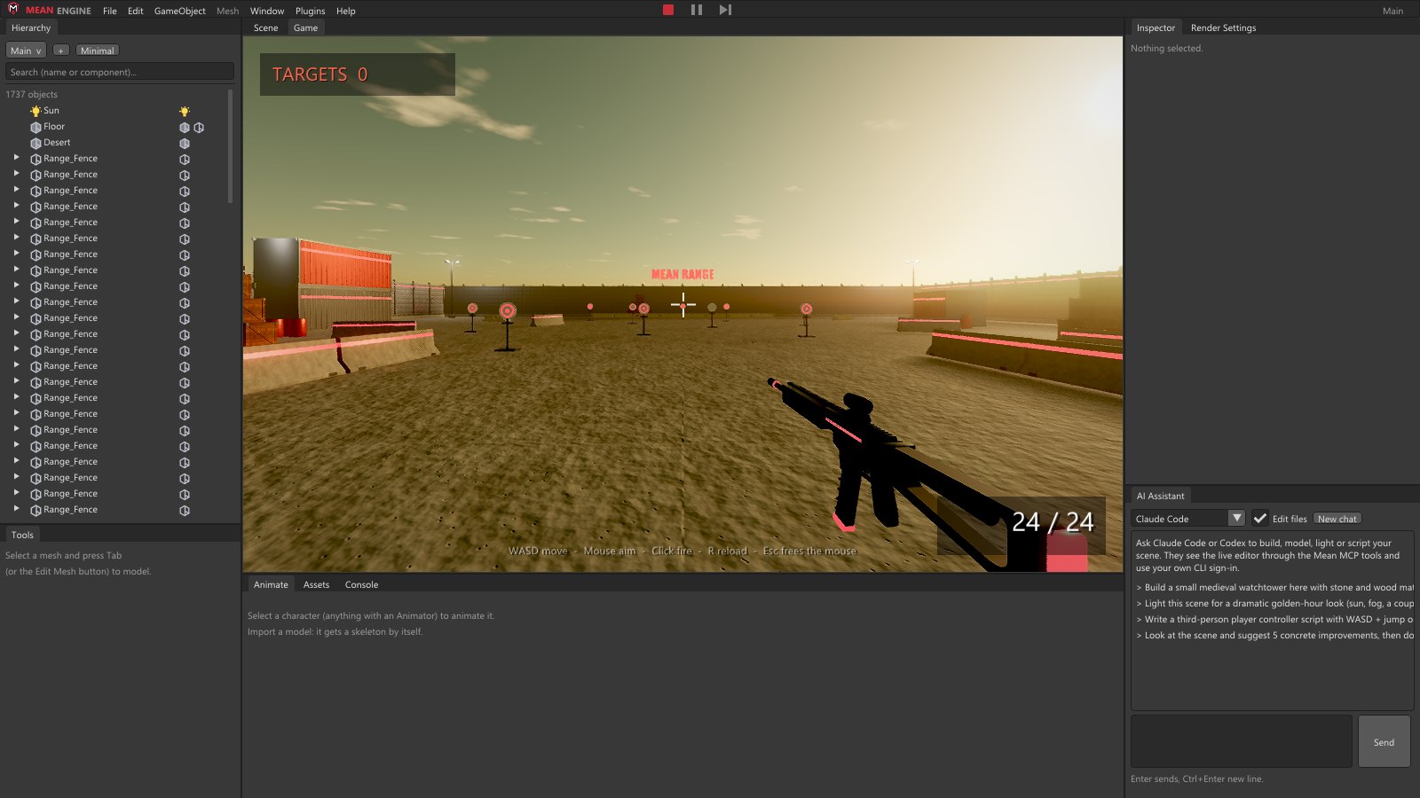 The First-Person Shooter template: a firing range at dusk with steel targets, benches, containers and the Mean rifle