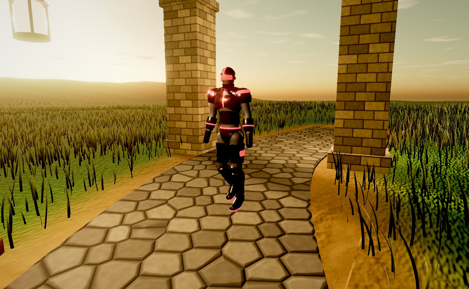 The Mean Android walking through a stone gateway on a cobbled path at golden hour